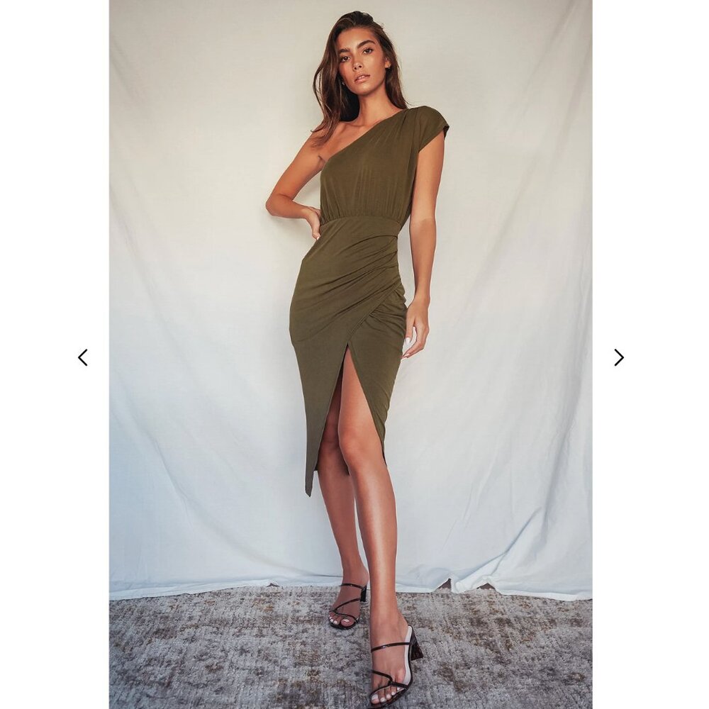 Lulus Raise a Glass Olive Green One-Shoulder Midi Dress